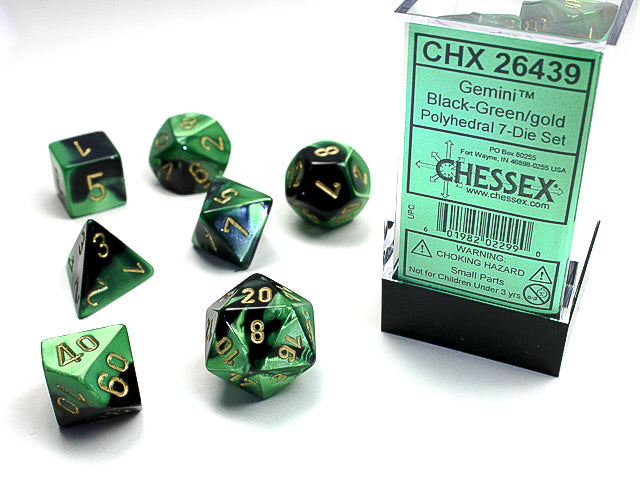 Chessex Dice (7pc) Gemini Black-Green with Gold CHX26439 | Pandora's Boox