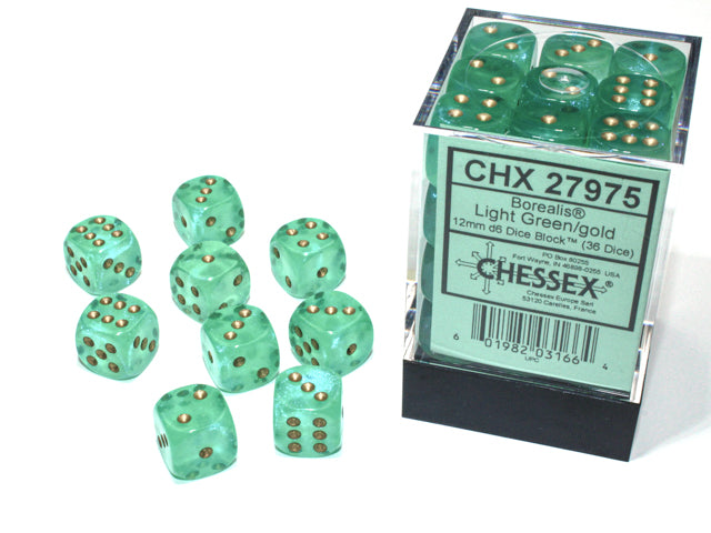 Chessex D6 Dice Borealis Light Green with Gold CHX27975  | Pandora's Boox