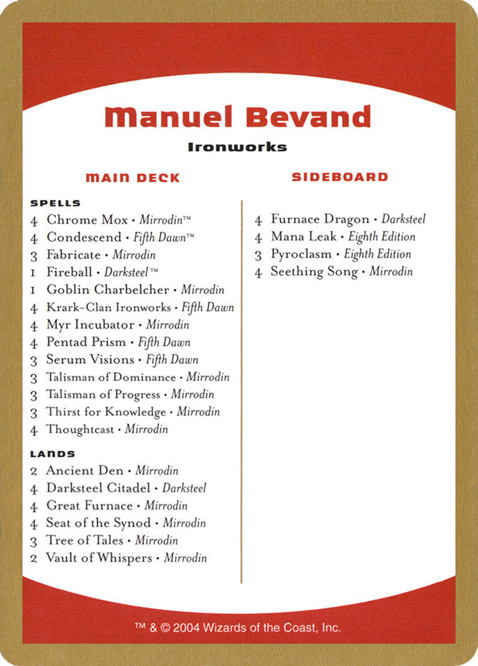 Manuel Bevand Decklist [World Championship Decks 2004] | Pandora's Boox