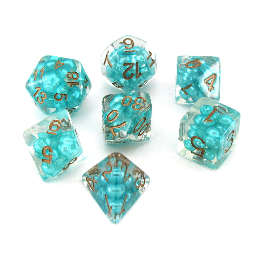 16mm Resin Poly Dice Set Pearl Teal w/ Copper Dice Set | Pandora's Boox