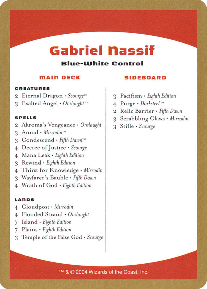 Gabriel Nassif Decklist [World Championship Decks 2004] | Pandora's Boox