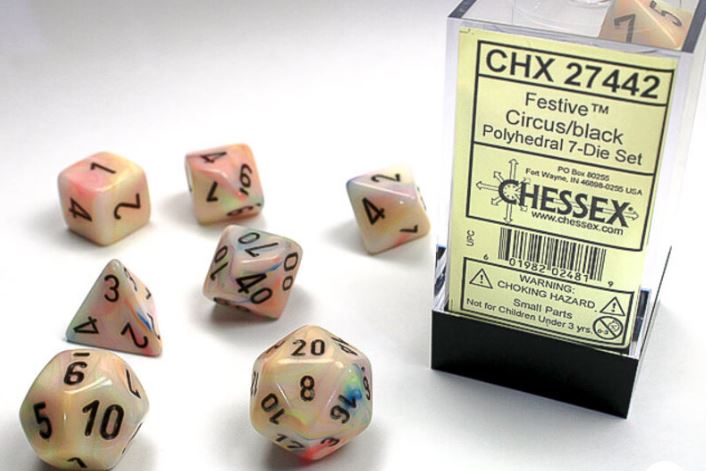 Chessex Dice (7pc) Festive Circus/black Chx27442 | Pandora's Boox