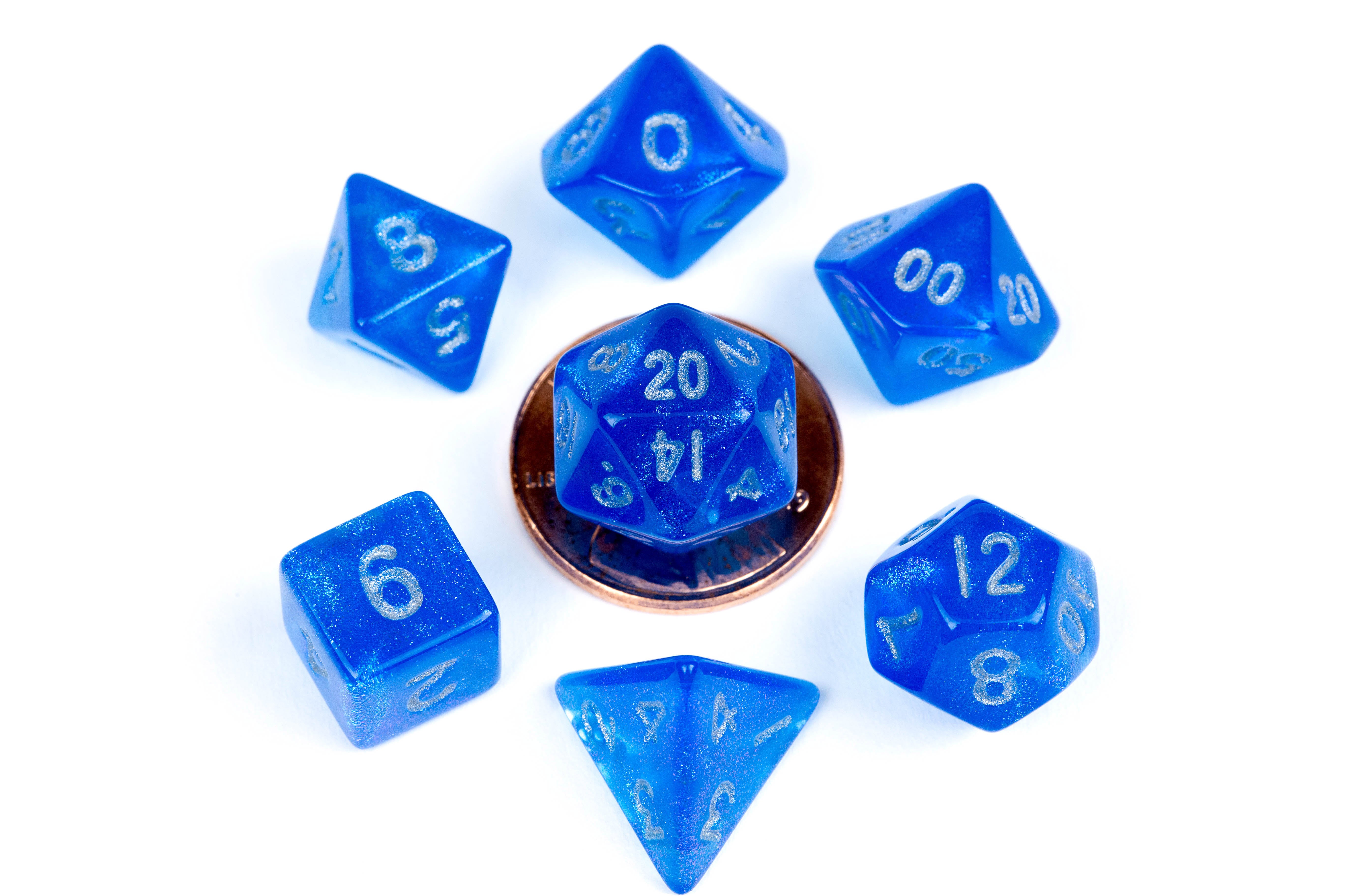 Mini Polyhedral Dice Set Stardust Blue with Silver | Pandora's Boox