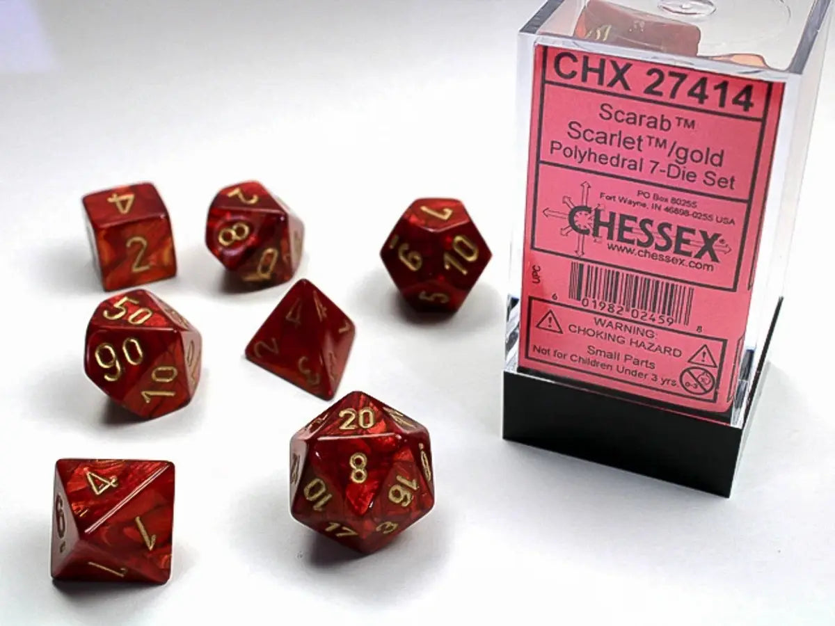 Chessex Dice (7pc) Scarab Scarlet /gold CHX27414 | Pandora's Boox