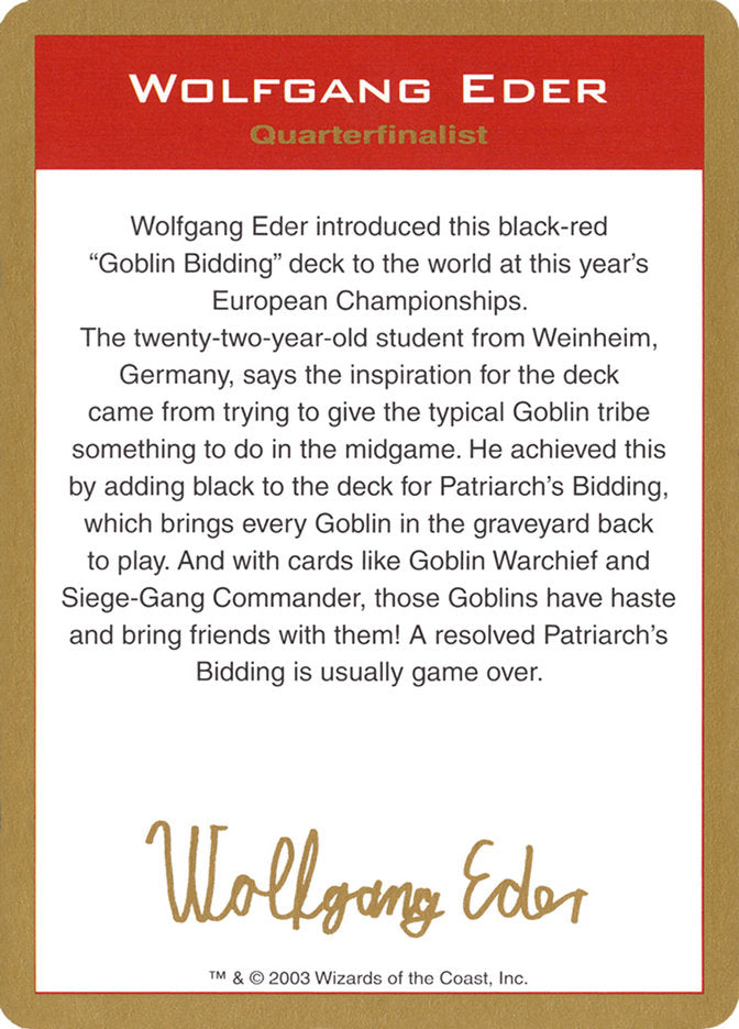 Wolfgang Eder Bio [World Championship Decks 2003] | Pandora's Boox