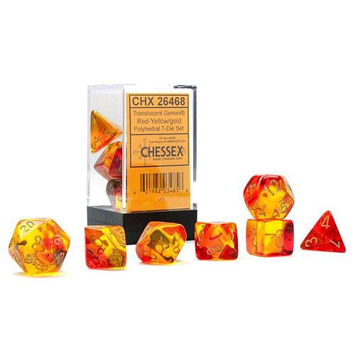Chessex Dice (7pc) Gemini Translucent Red-Yellow / Gold CHX26468 | Pandora's Boox