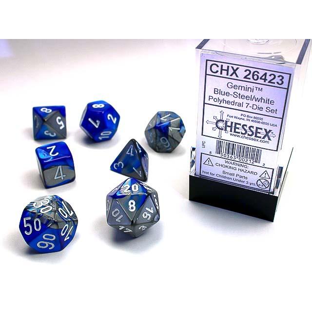 Chessex Dice (7pc) Gemini Blue-steel/white CHX26423 | Pandora's Boox