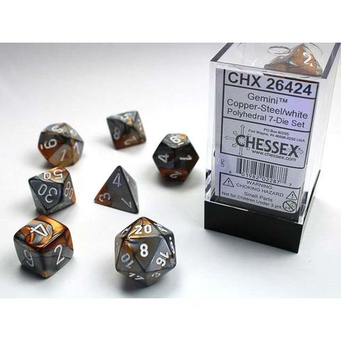 Chessex Dice (7pc) Gemini Copper-steel/white CHX26424 | Pandora's Boox