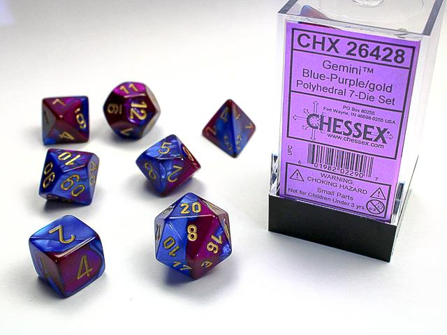Chessex Dice (7pc) Gemini Blue-Purple/gold CHX26428 | Pandora's Boox