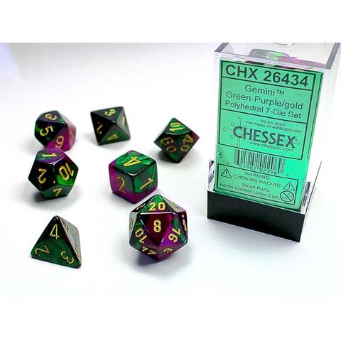 Chessex Dice (7pc) Gemini Green-Purple/gold CHX26434 | Pandora's Boox
