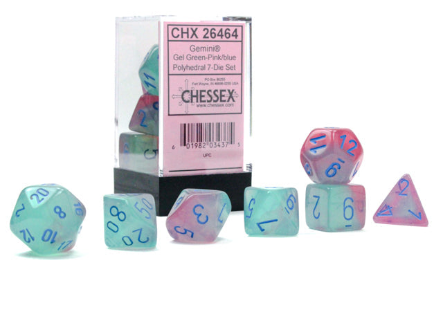 Chessex 7pc Dice Gemini Gel Green-Pink.Blue CHX26464 | Pandora's Boox