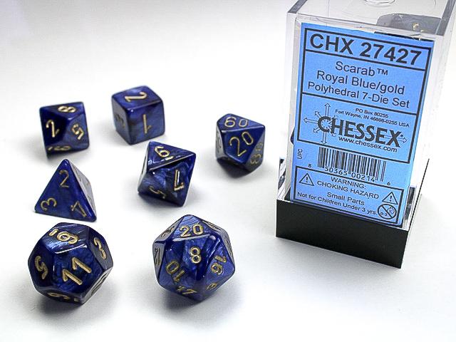 Chessex Dice (7pc) Scarab Royal Blue with Gold CHX27427 | Pandora's Boox