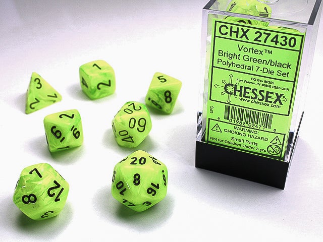 Chessex Dice (7pc) Vortex bright Green/black CHX27430 | Pandora's Boox