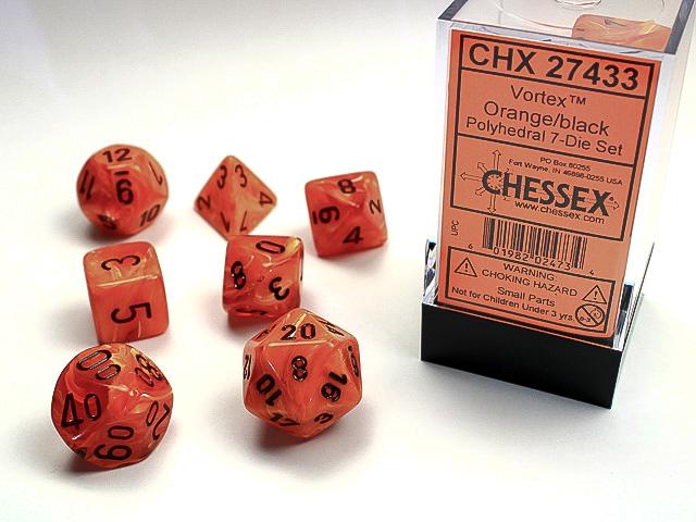 Chessex Dice (7pc) Vortex Orange with Black CHX27433 | Pandora's Boox