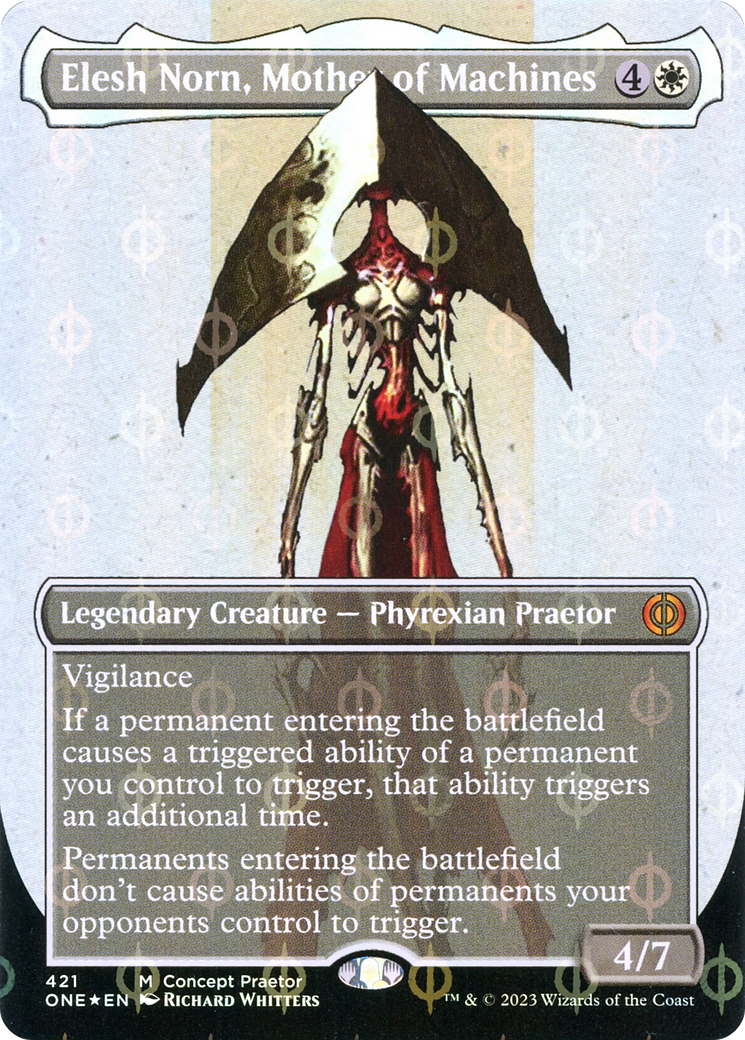 Elesh Norn, Mother of Machines (Borderless Concept Praetors Step-and-Compleat Foil) [Phyrexia: All Will Be One] | Pandora's Boox