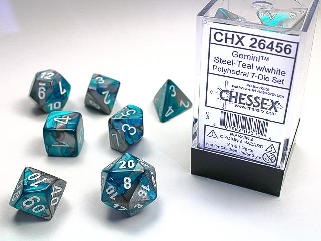 Chessex Dice (7pc) Gemini Steel-Teal/white CHX26456 | Pandora's Boox