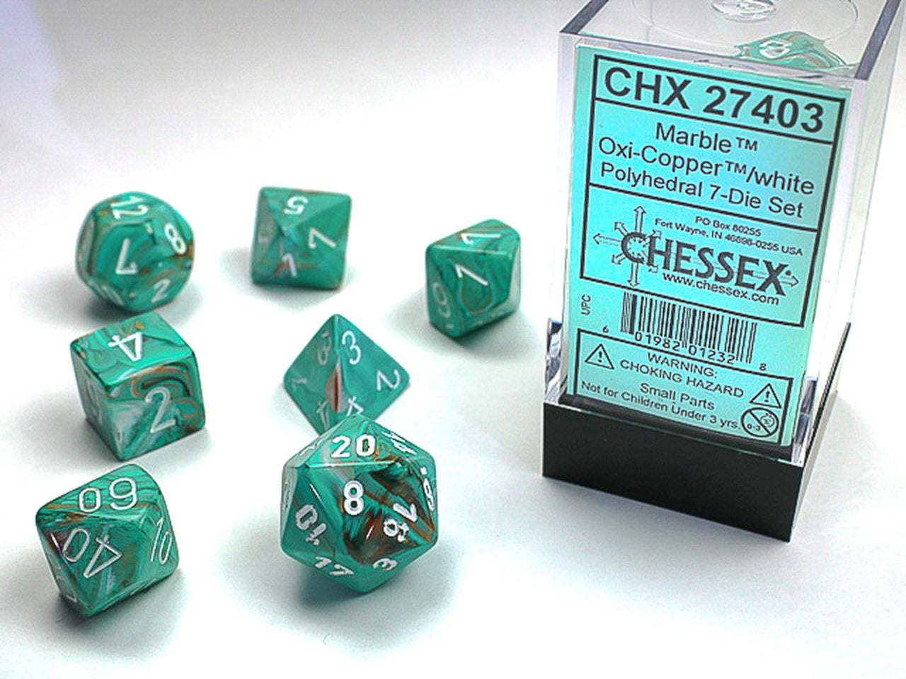 Chessex Dice (7pc) Marble Oxi-Copper CHX27403 | Pandora's Boox