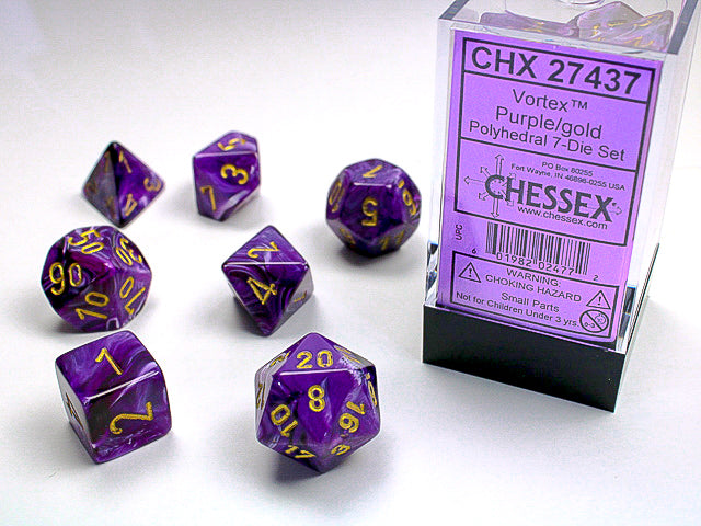 Chessex Dice (7pc) Vortex Purple with Gold CHX27437 | Pandora's Boox