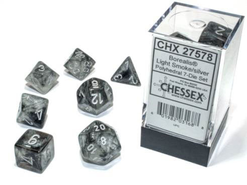 Chessex Dice (7pc) Borealis Light Smoke with Silver CHX27578 | Pandora's Boox