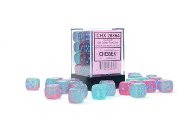Chessex 36D6 Dice Gemini Gel Green-Pink.Blue CHX26864