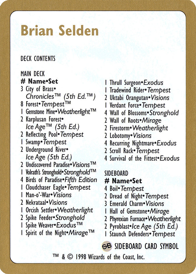 Brian Selden Decklist [World Championship Decks 1998] | Pandora's Boox