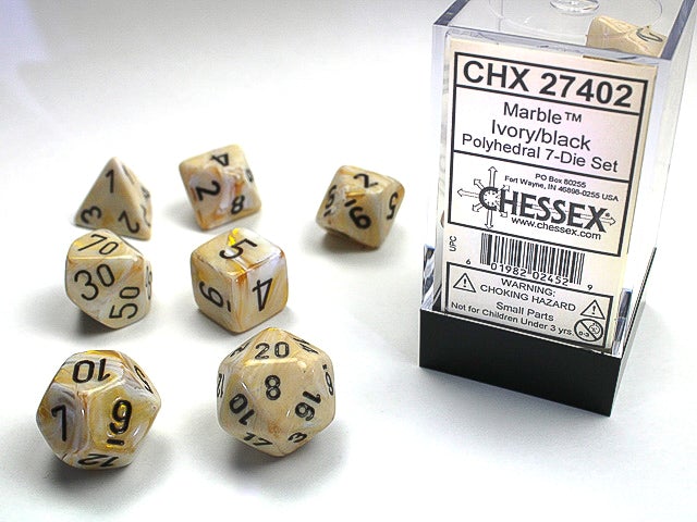 Chessex Dice (7pc) Marble Ivory/black CHX27402 | Pandora's Boox