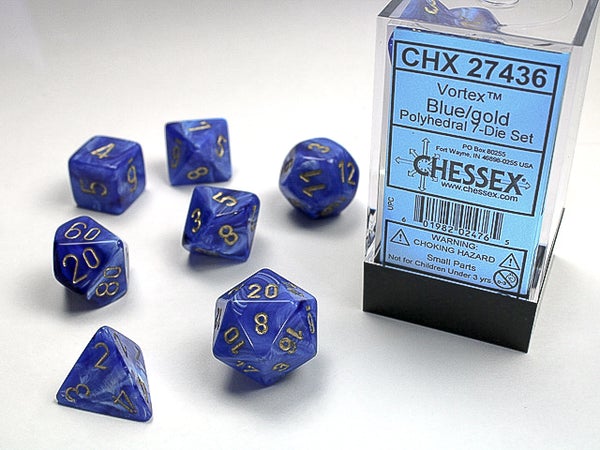 Chessex Dice (7pc) Vortex Blue/gold CHX27436 | Pandora's Boox