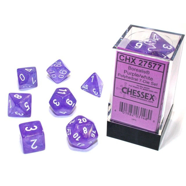 Chessex Dice (7pc) Borealis Purple with White CHX27577 | Pandora's Boox
