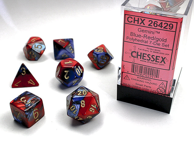 Chessex Dice (7pc) Gemini Blue-Red with Gold CHX26429 | Pandora's Boox
