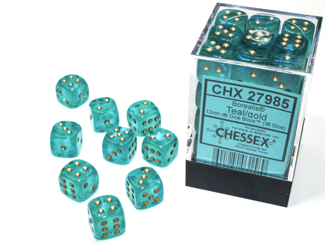 Chessex D6 Dice Borealis Teal with Gold CHX27985 | Pandora's Boox