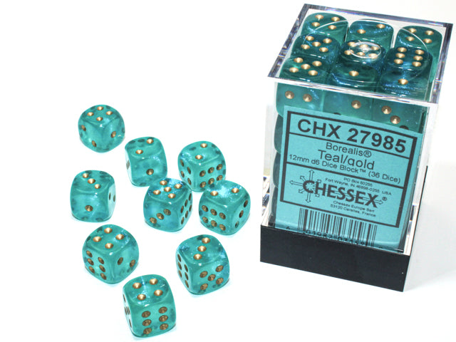 Chessex D6 Dice Borealis Teal with Gold CHX27985