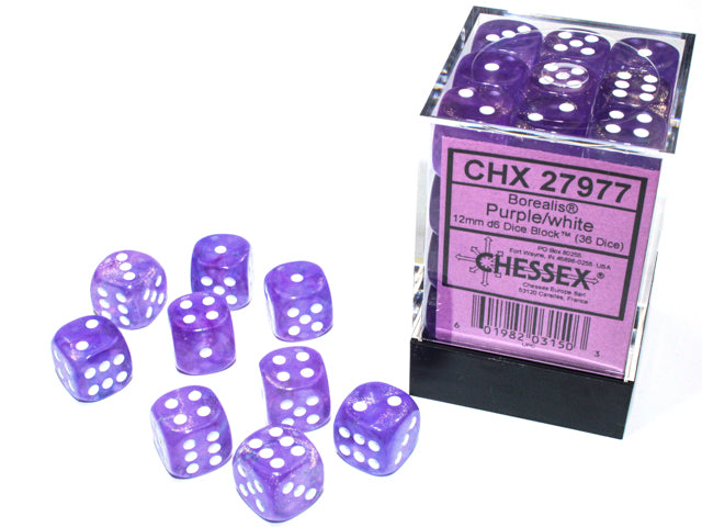 Chessex D6 Dice Borealis Purple with White CHX27977 | Pandora's Boox