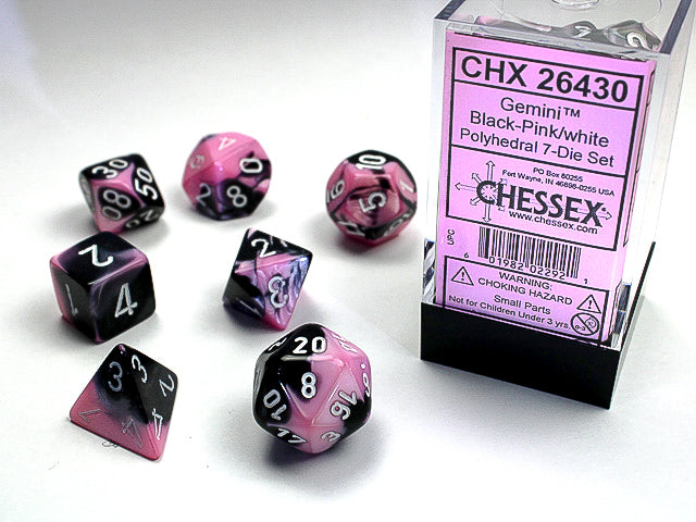 Chessex Dice (7pc) Gemini Black-Pink with White CHX26430 | Pandora's Boox