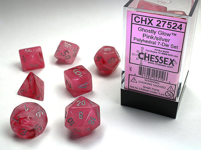 Chessex Dice (7pc) Ghostly Glow Pink and Silver CHX27524 | Pandora's Boox