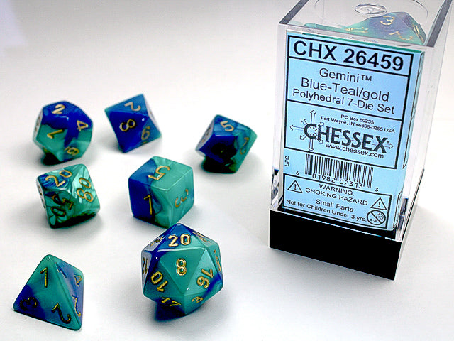 Chessex Dice (7pc) Gemini Blue-Teal with Gold CHX26459 | Pandora's Boox