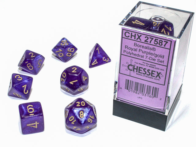 Chessex Dice (7pc) Borealis Sky Royal Purple with Gold Luminary CHX27587 | Pandora's Boox