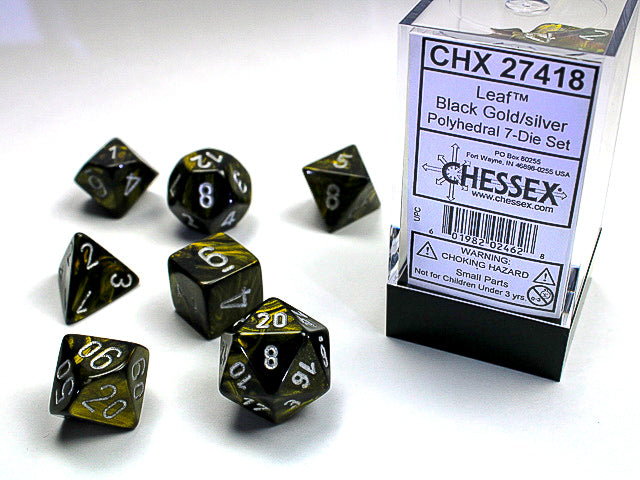 Chessex Dice (7pc) Leaf Black Gold with Silver CHX27418 | Pandora's Boox