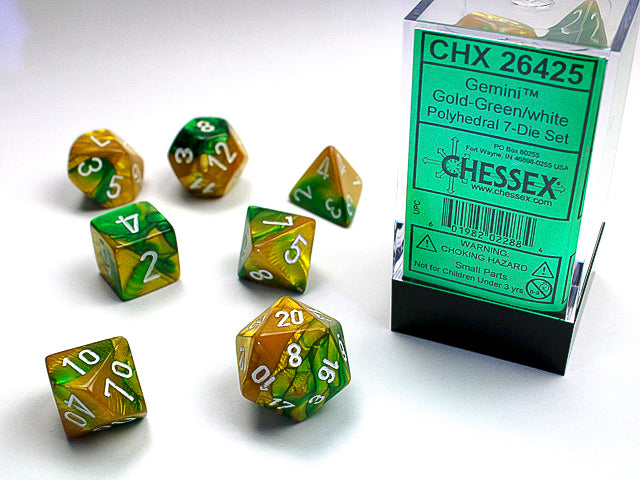 Chessex Dice (7pc) Gemini Gold-Green with White CHX26425 | Pandora's Boox