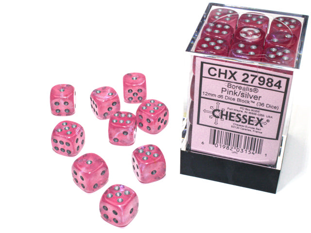 Chessex D6 Dice Borealis Pink with Silver CHX27984 | Pandora's Boox