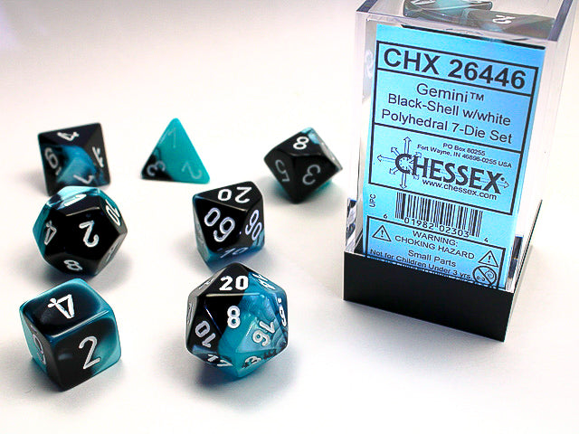 Chessex Dice (7pc) Gemini Black-Shell with White CHX26446 | Pandora's Boox