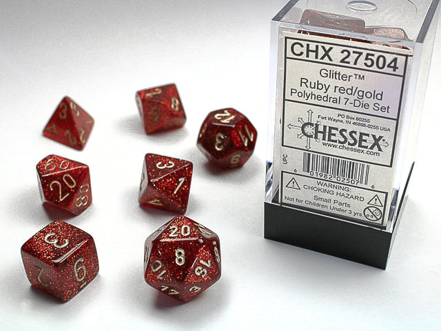 Chessex Dice (7pc) Glitter Ruby Red with Gold CHX2750 | Pandora's Boox