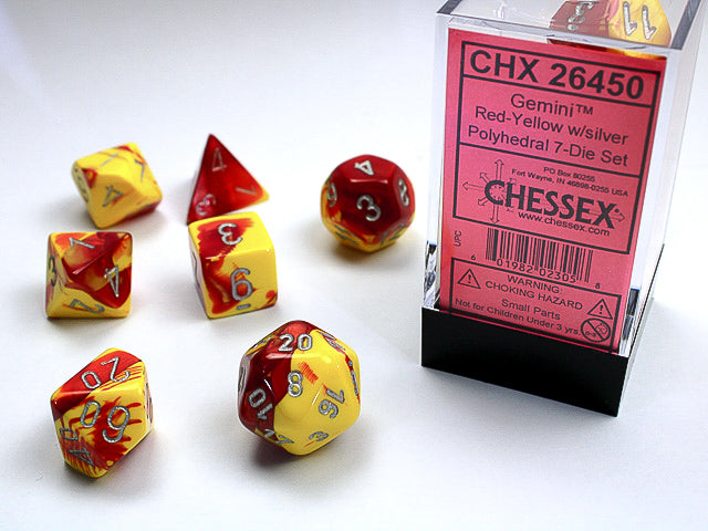 Chessex Dice (7pc) Gemini Red-Yellow with silver CHX26450 | Pandora's Boox