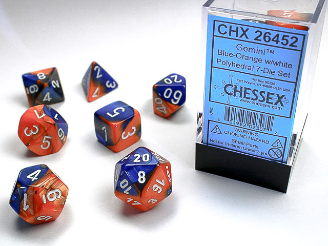 Chessex Dice (7pc) Gemini Blue-Orange with white CHX26452 | Pandora's Boox