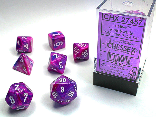 Chessex Dice (7pc) Festive Violet with White CHX27457 | Pandora's Boox
