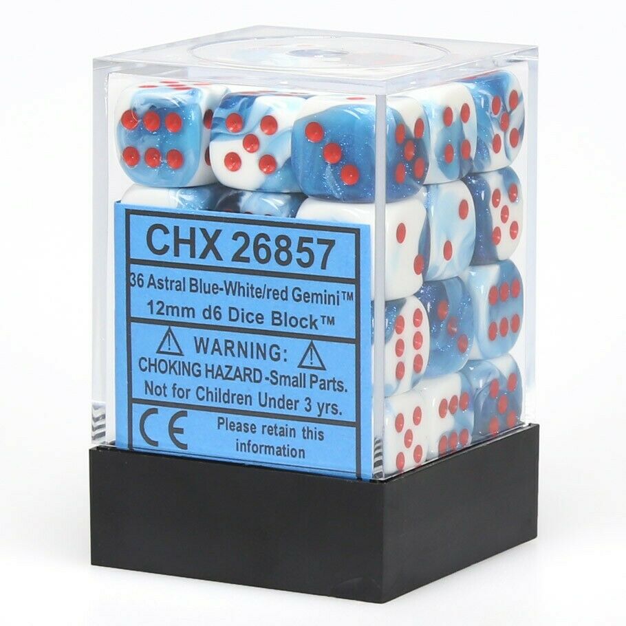 Chessex D6 Dice Gemini Blue-White with Red CHX26857 | Pandora's Boox