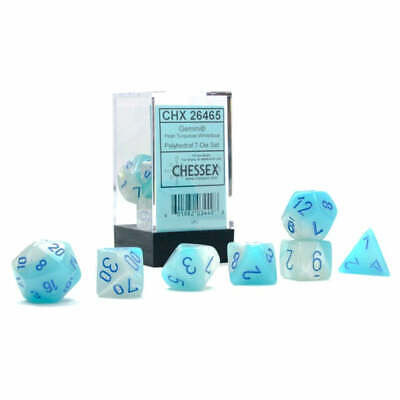Chessex Dice (7pc) Gemini Pearl/Turquoise-White/ Blue Chx26465 | Pandora's Boox